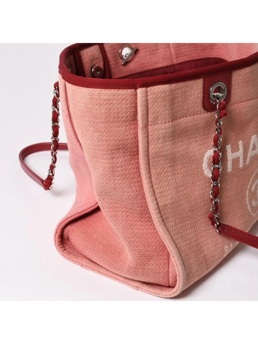 Chanel Deauville MM Chain Tote Bag CC Logo Pink Canvas Leather Silver